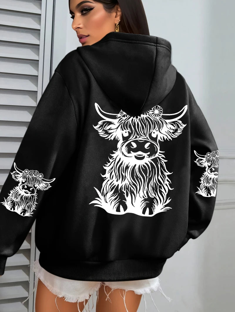 Cute Cartoon Cow Print Hoodie – Women's Winter Fleece Sweatshirt with Pocket