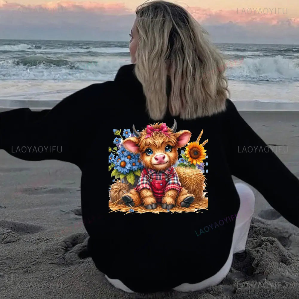 • : Highland Cow Print Hoodie for Women – Alphabet & Animal Pattern Sweatshirt with Pocket