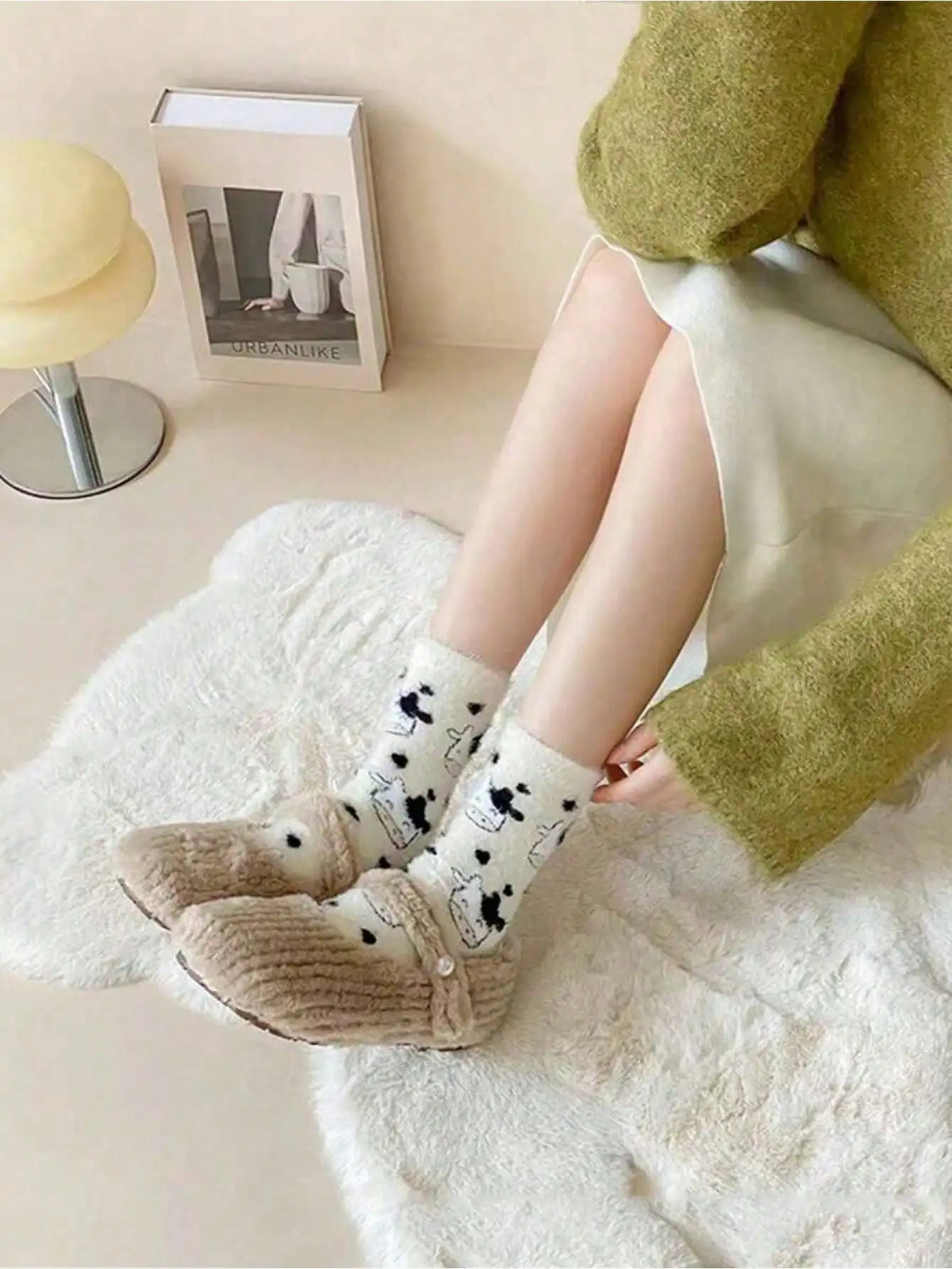 Cute Cartoon Cow Mink Velvet Socks – Soft Plush Winter Sleep Socks