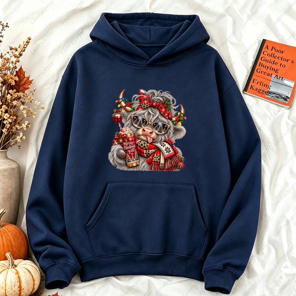 Cute Highland Cow Christmas Hoodie - Winter Holiday Pullover