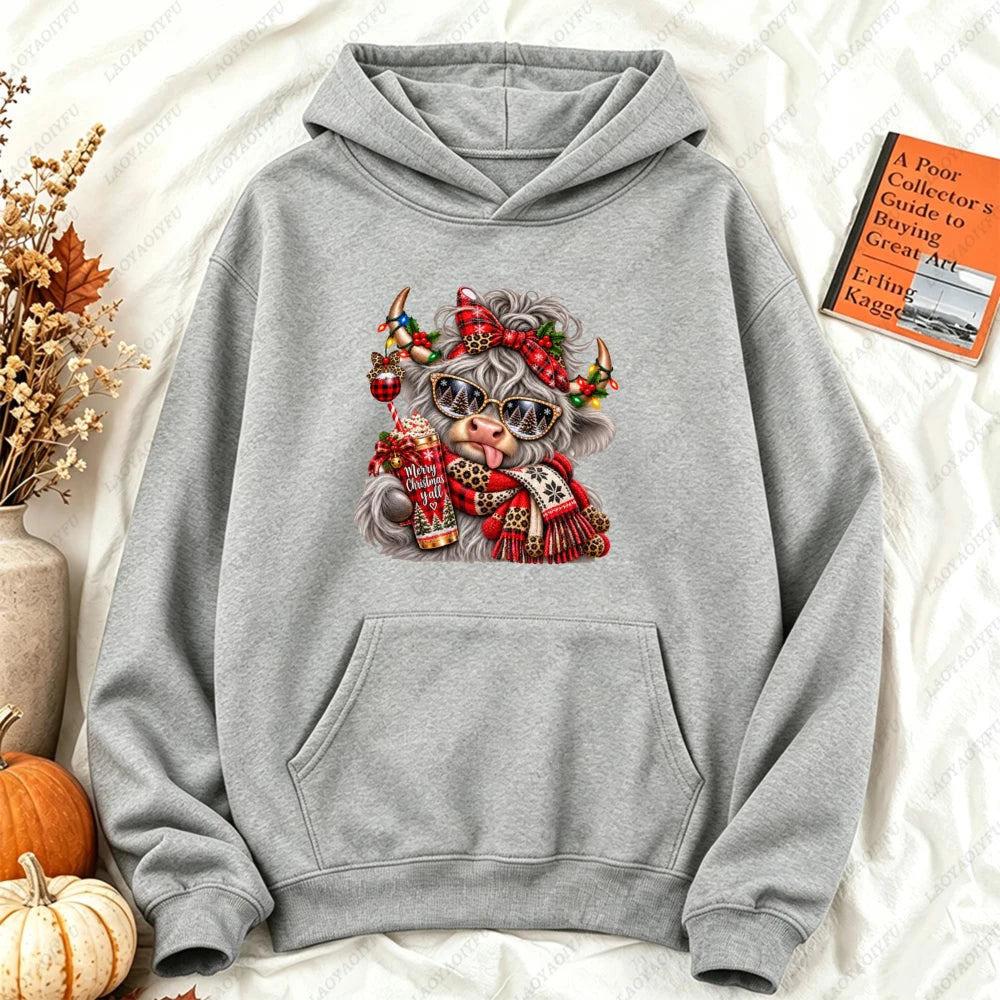 Cute Highland Cow Christmas Hoodie - Winter Holiday Pullover