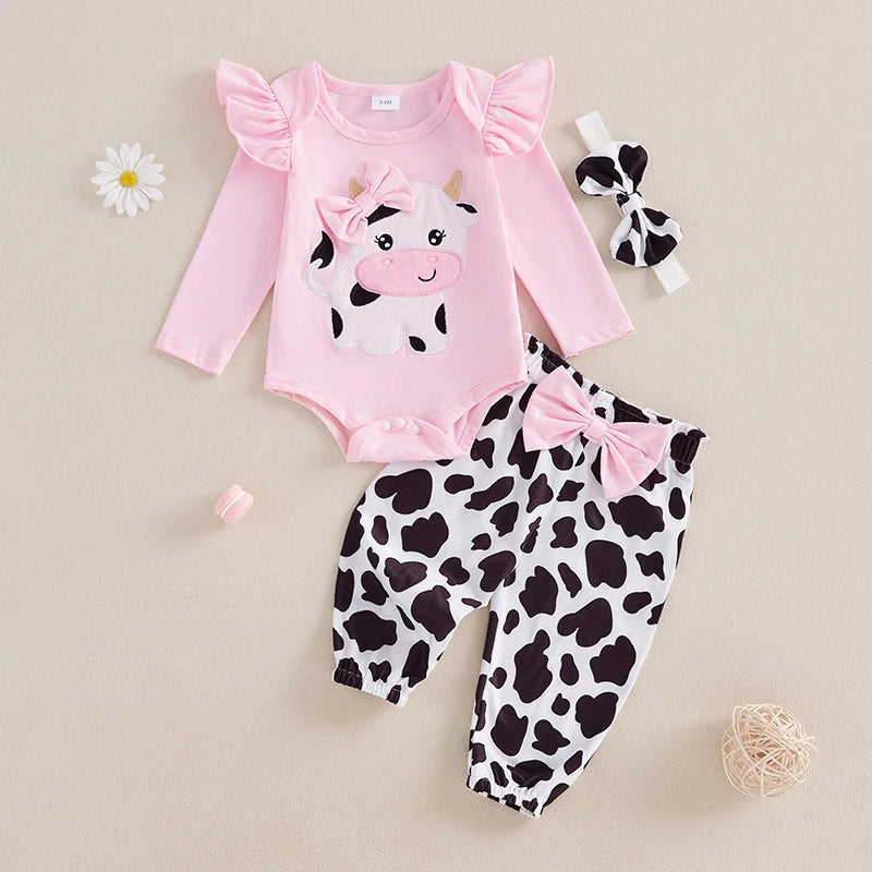 Baby Girls Fall Western Cow Embroidery Romper & Pants Set with Headband