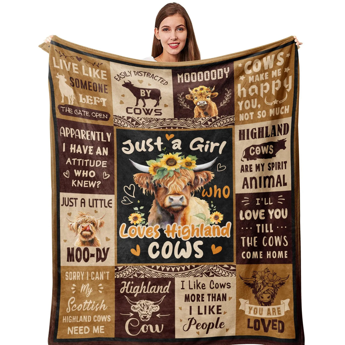 Highland Cow & Brown Floral Cozy Flannel Blanket | Farmhouse Throw