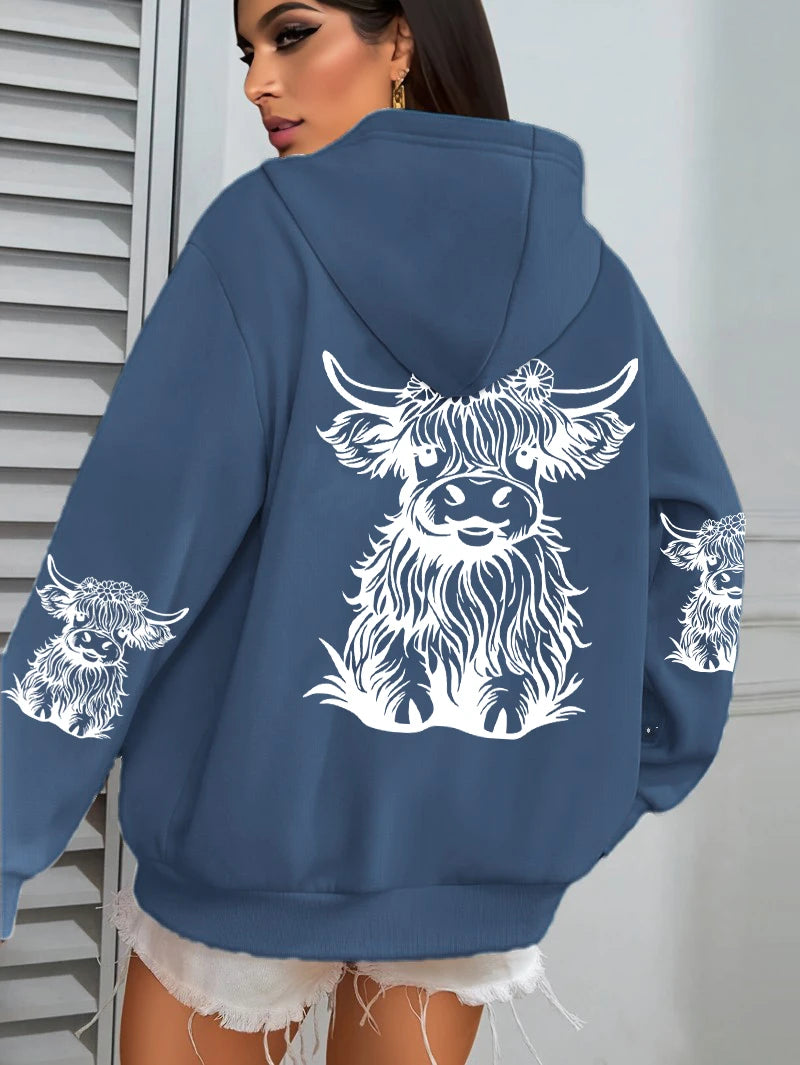 Cute Cartoon Cow Print Hoodie – Women's Winter Fleece Sweatshirt with Pocket