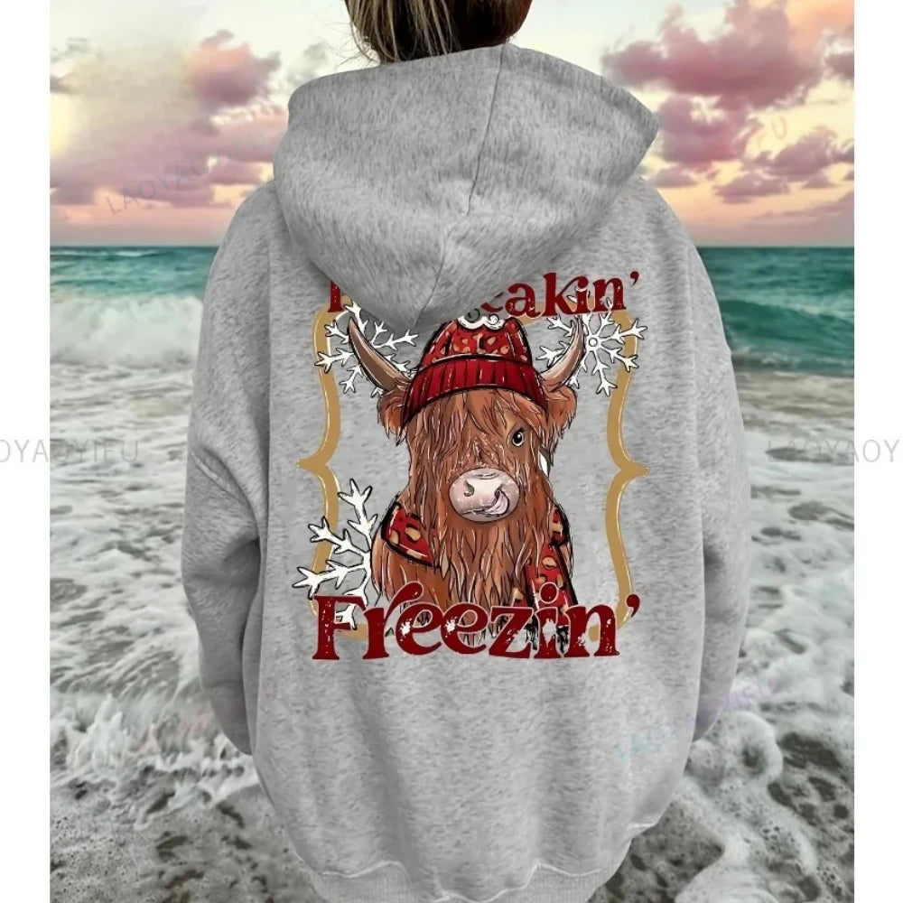 • : Highland Cow Print Hoodie for Women – Alphabet & Animal Pattern Sweatshirt with Pocket