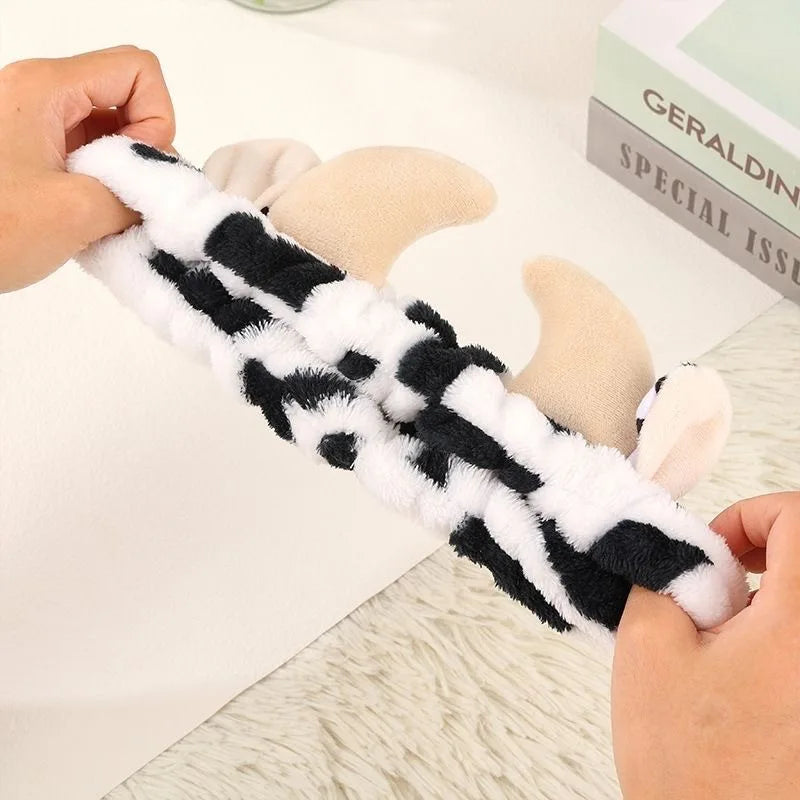 Cozy Cow Print Plush Spa Headband Set – Fluffy Skincare & Makeup Hair Accessories for Winter