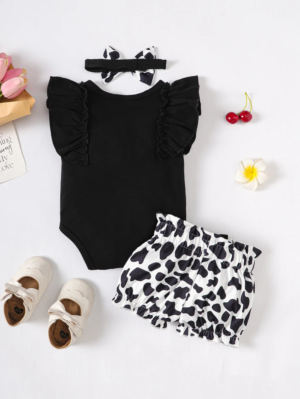 Newborn Sleeveless Romper & Cow Print Shorts 3-Piece Set
