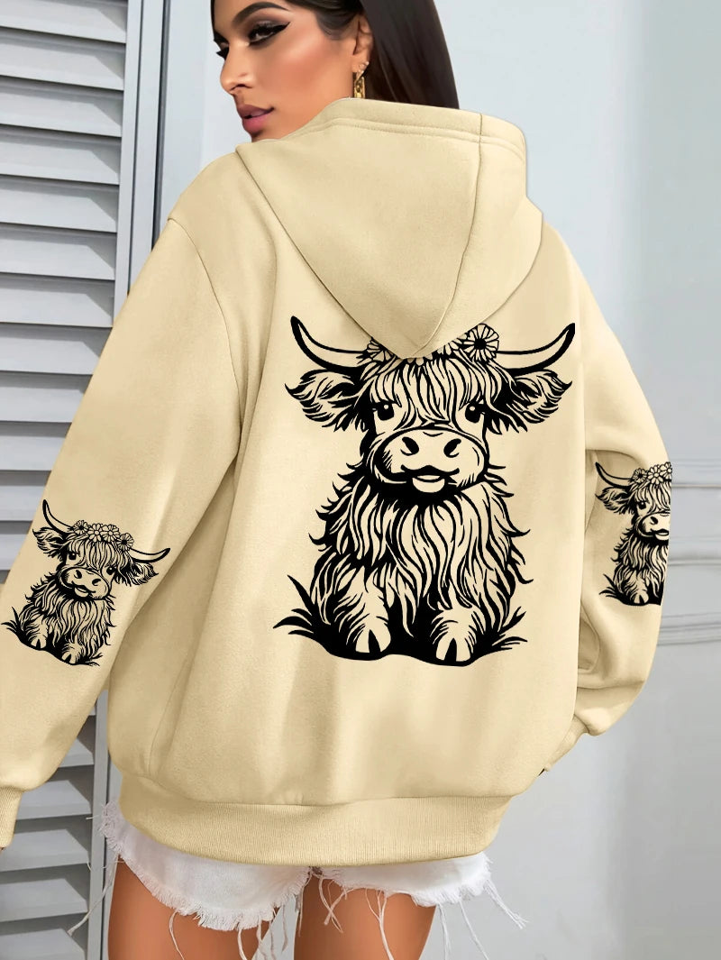 Cute Cartoon Cow Print Hoodie – Women's Winter Fleece Sweatshirt with Pocket