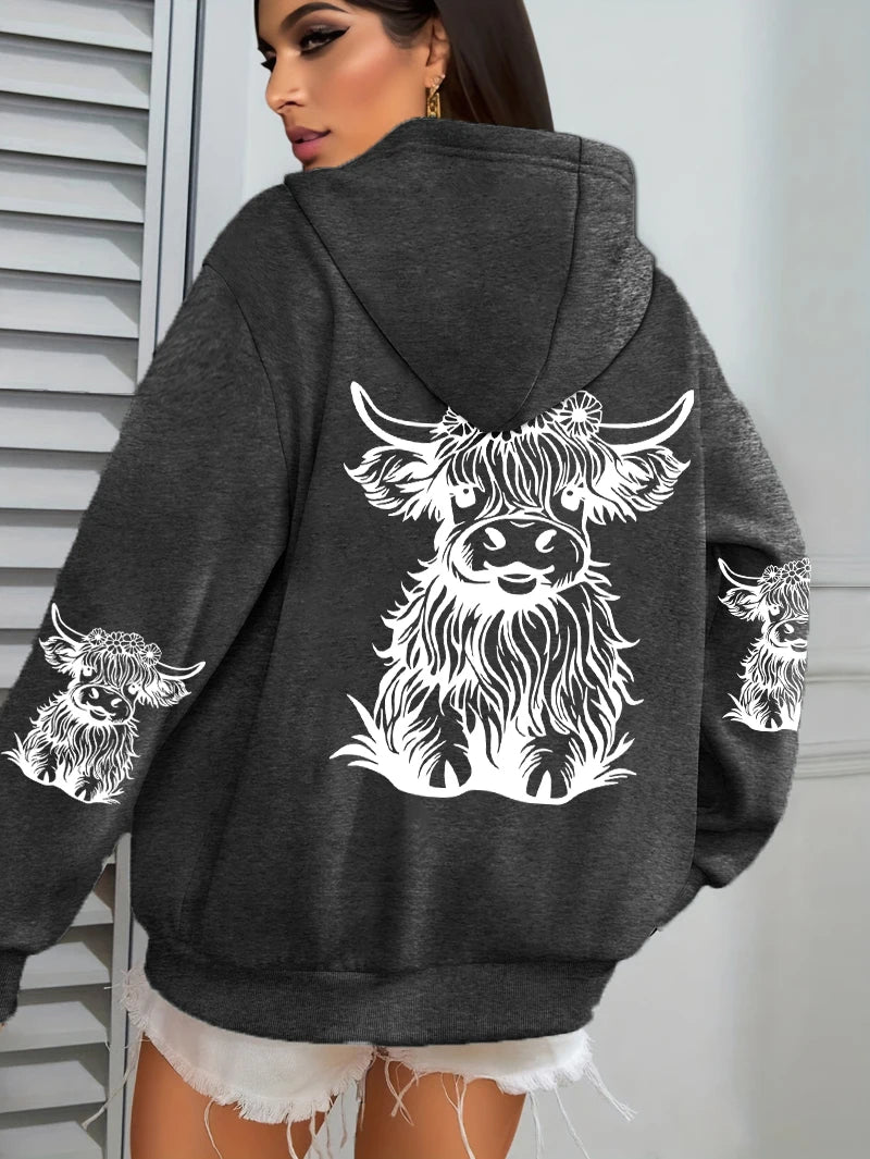 Cute Cartoon Cow Print Hoodie – Women's Winter Fleece Sweatshirt with Pocket