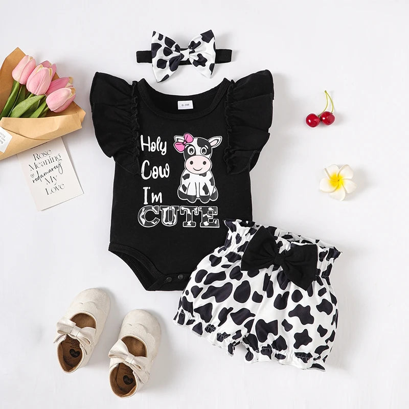 Newborn Sleeveless Romper & Cow Print Shorts 3-Piece Set