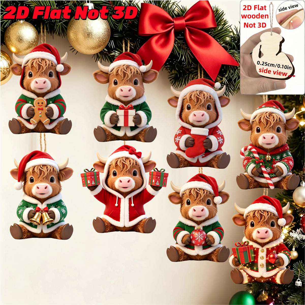 Hand-Painted Highland Cow Wooden Ornaments (8-Piece Set)