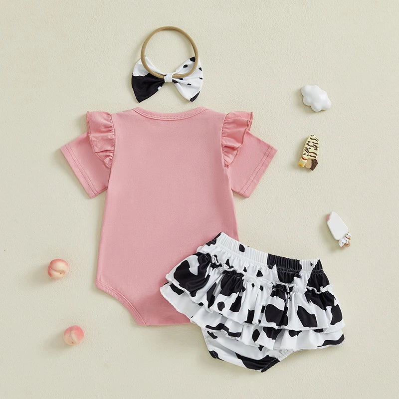 Baby Girl Western Romper & Cow Print Ruffle Shorts Set