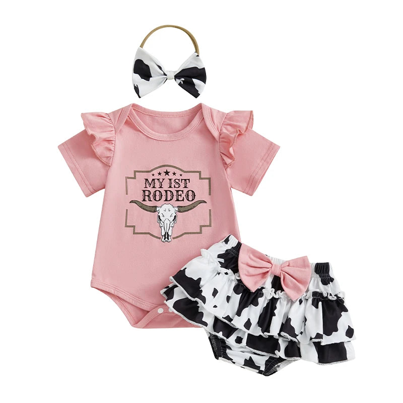 Baby Girl Western Romper & Cow Print Ruffle Shorts Set
