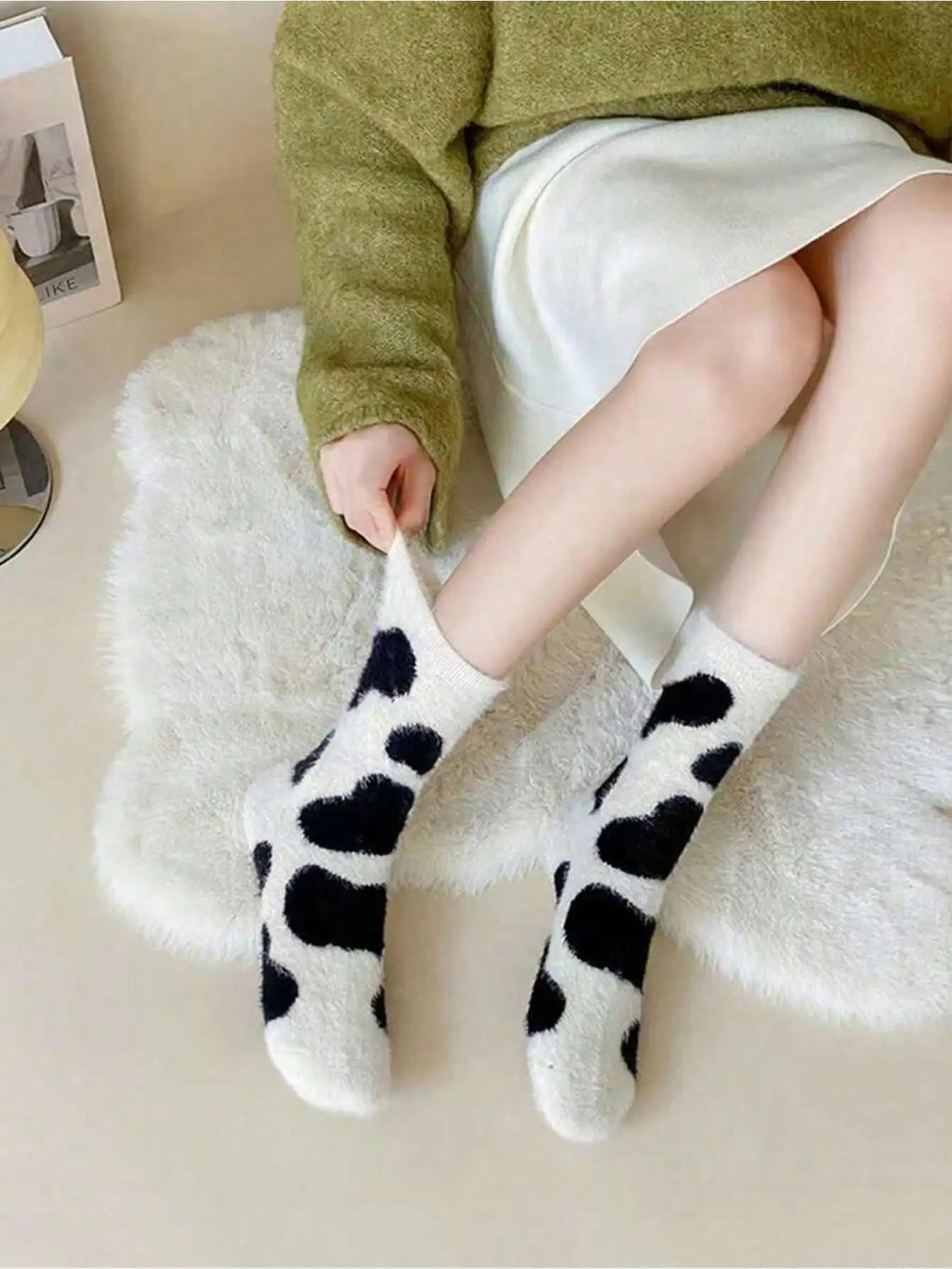 Cute Cartoon Cow Mink Velvet Socks – Soft Plush Winter Sleep Socks