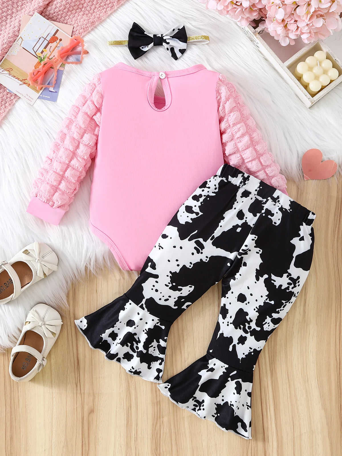 Baby Girl Pink Waffle Bodysuit & Cow Print Flare Pants Set