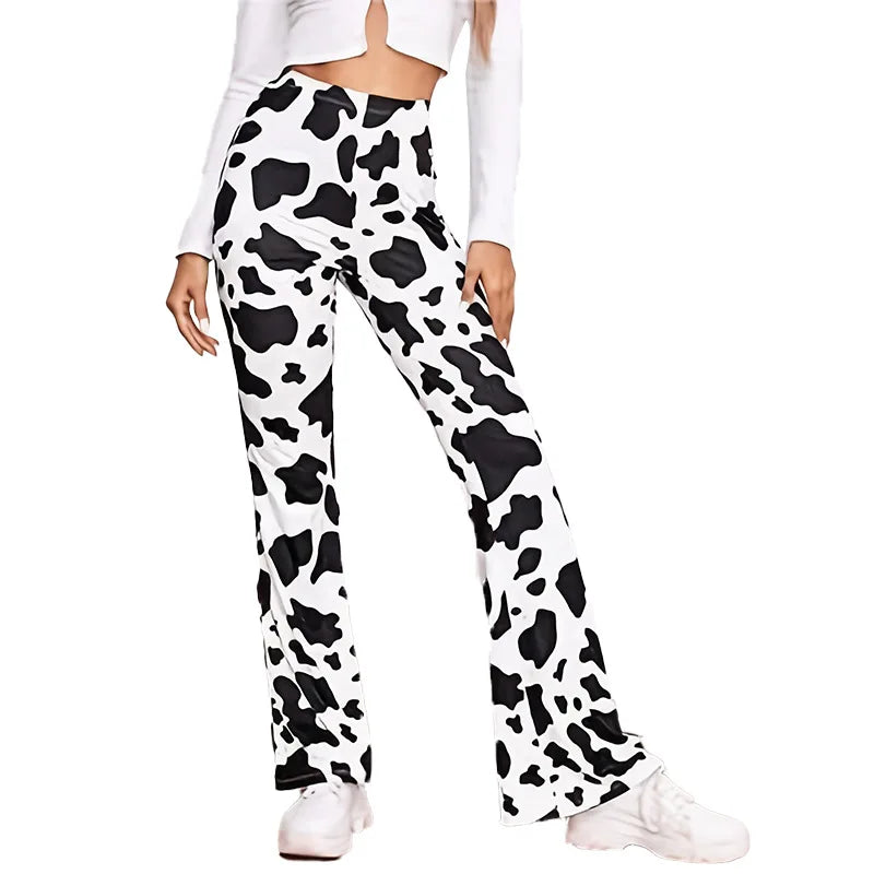 Cow Print Bell Bottom Pants - High-Waist Elastic Flare Leggings