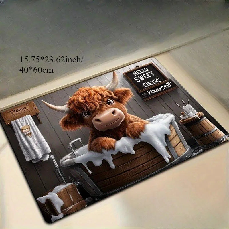 Highland Cow in Bath Tub Rug | Washable Soft Bathroom Mat