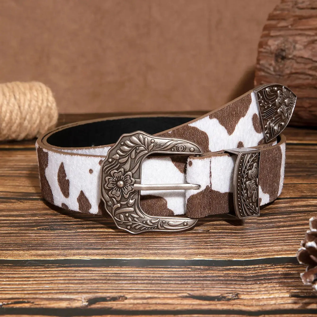 Vintage Floral Western Cowgirl Belt with Cow Buckle in Brown Cow Print
