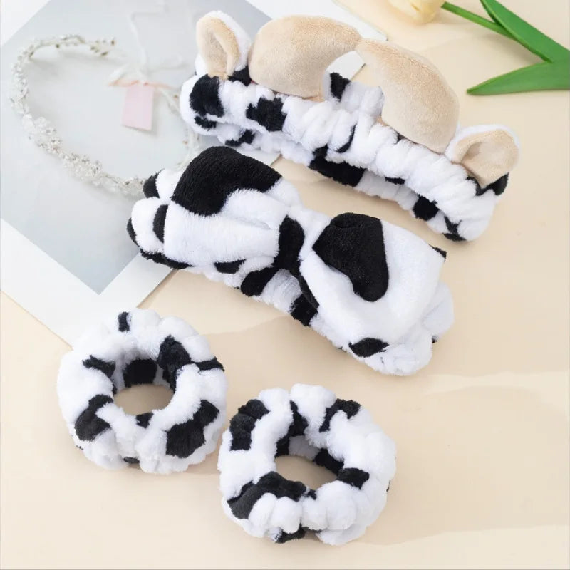 Cozy Cow Print Plush Spa Headband Set – Fluffy Skincare & Makeup Hair Accessories for Winter