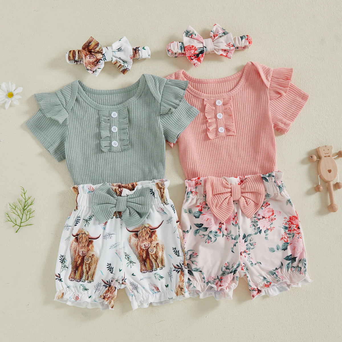 Baby Girl Cow Print & Floral Shorts Romper Set