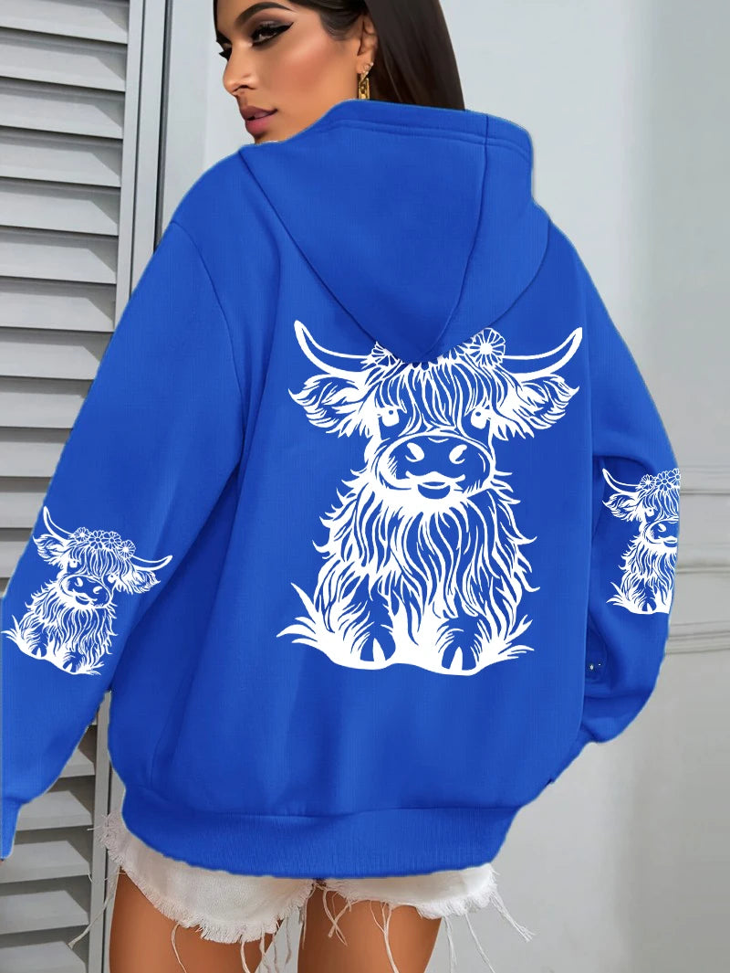 Cute Cartoon Cow Print Hoodie – Women's Winter Fleece Sweatshirt with Pocket