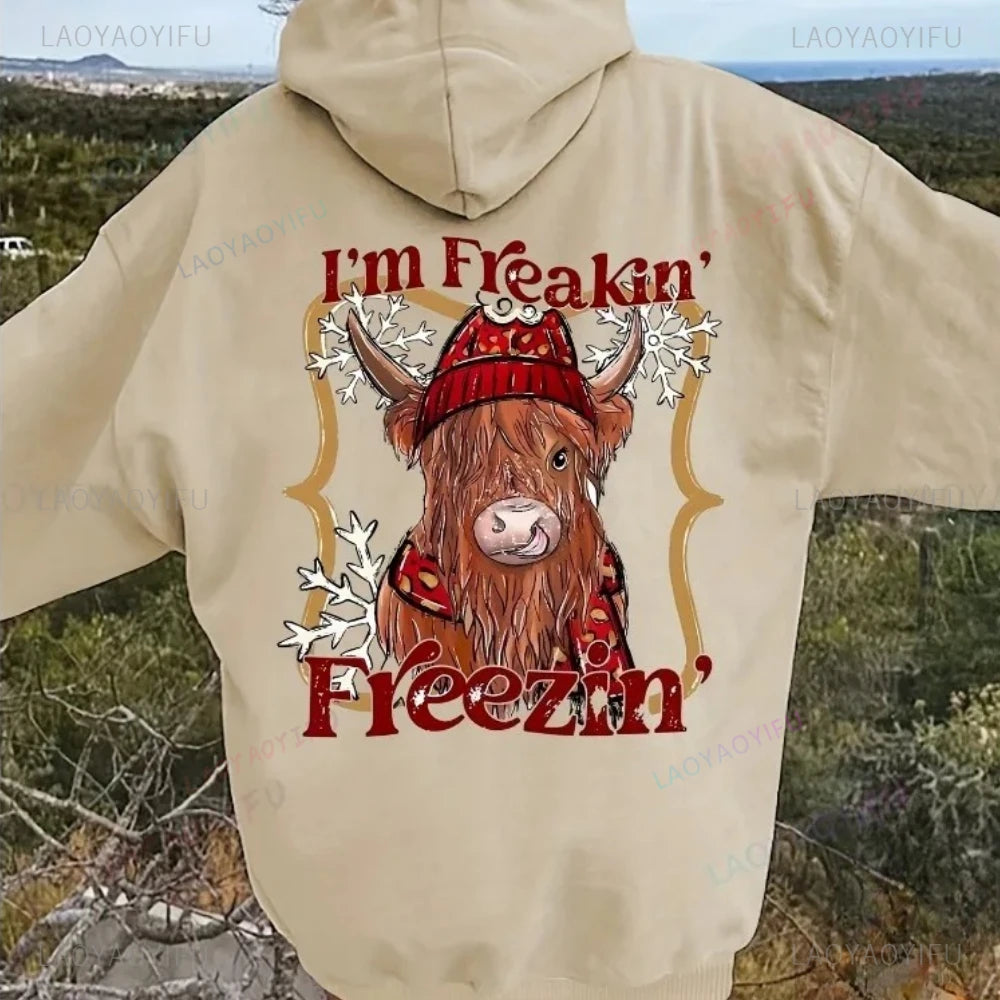 • : Highland Cow Print Hoodie for Women – Alphabet & Animal Pattern Sweatshirt with Pocket