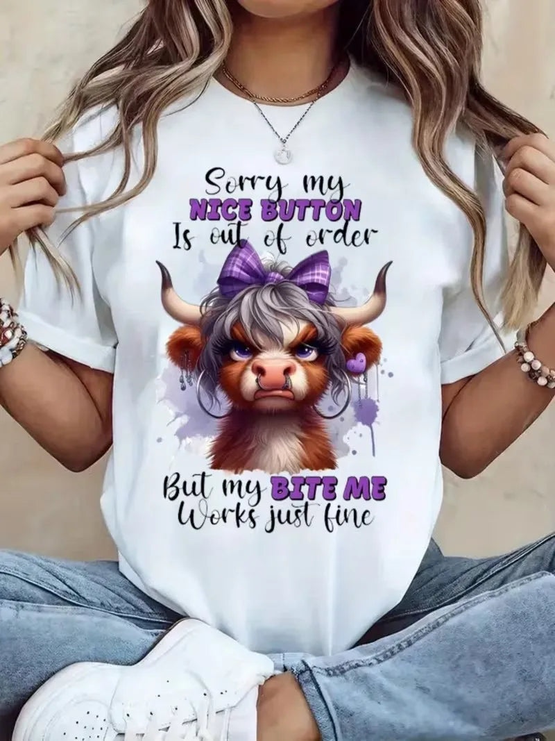 Highland Cow Print Graphic T-Shirt – Funny Sarcastic Casual Tee for Women