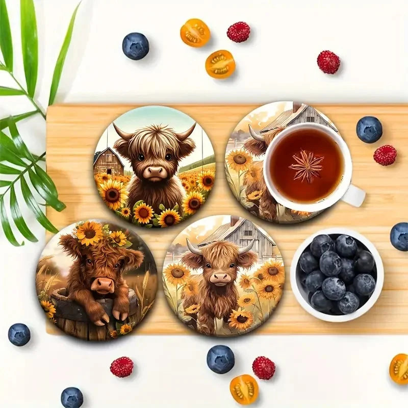 Painted Cartoon Cow Wooden Coasters (6-Piece Set)
