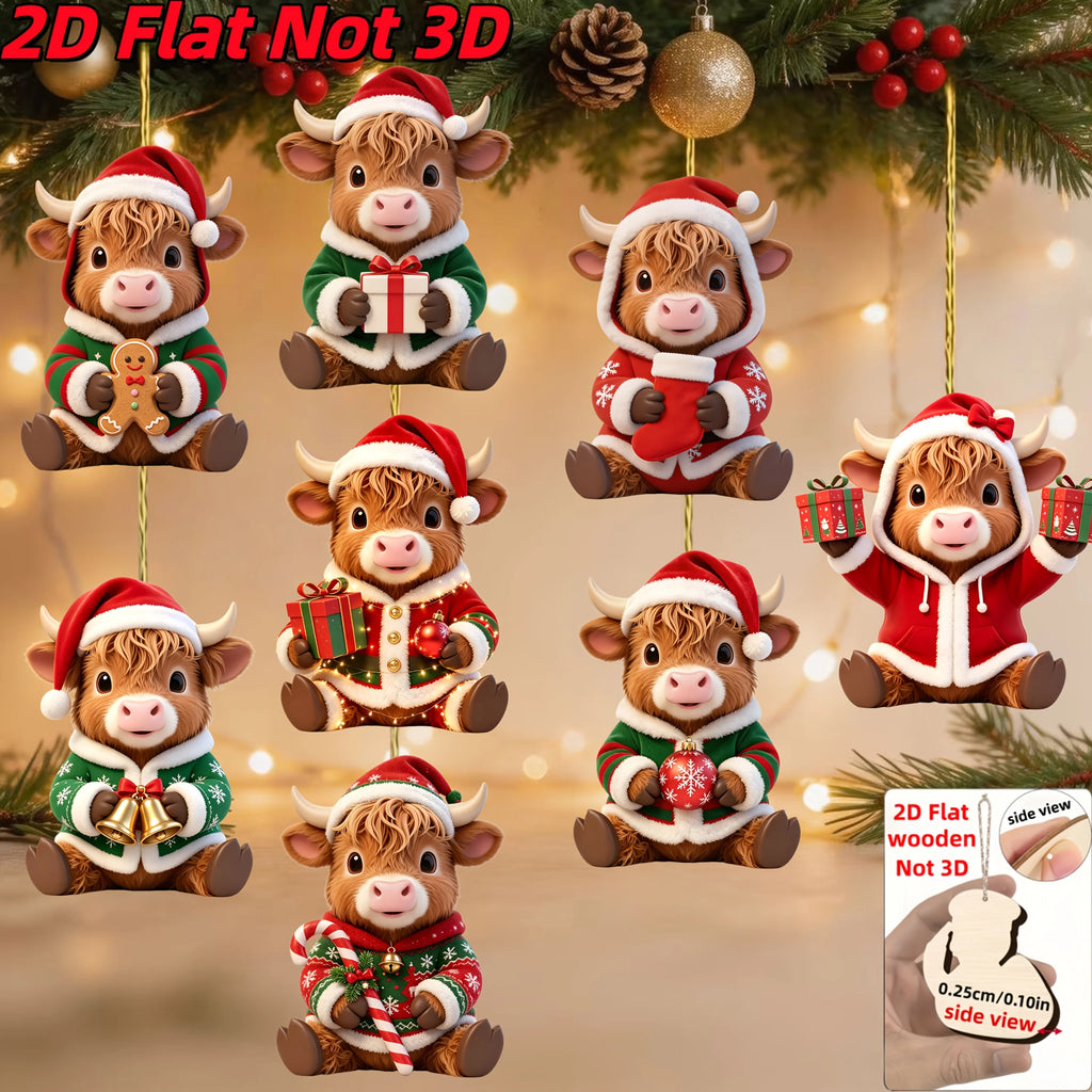 Hand-Painted Highland Cow Wooden Ornaments (8-Piece Set)