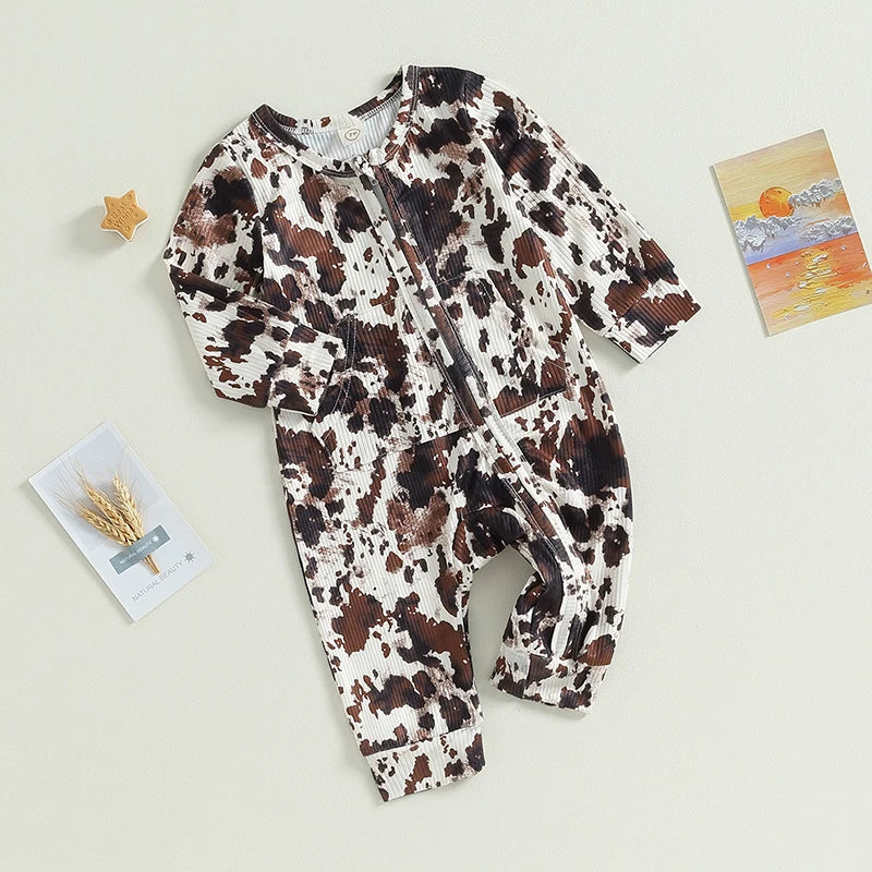 FOCUSNORM Unisex Baby Western Cow Print Long-Sleeve Zipper Jumpsuit (0-18M)