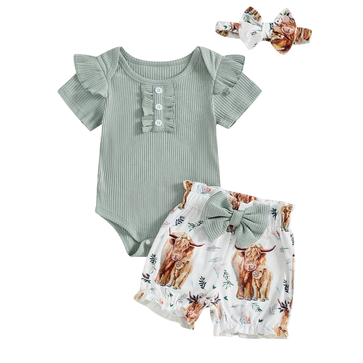 Baby Girl Cow Print & Floral Shorts Romper Set