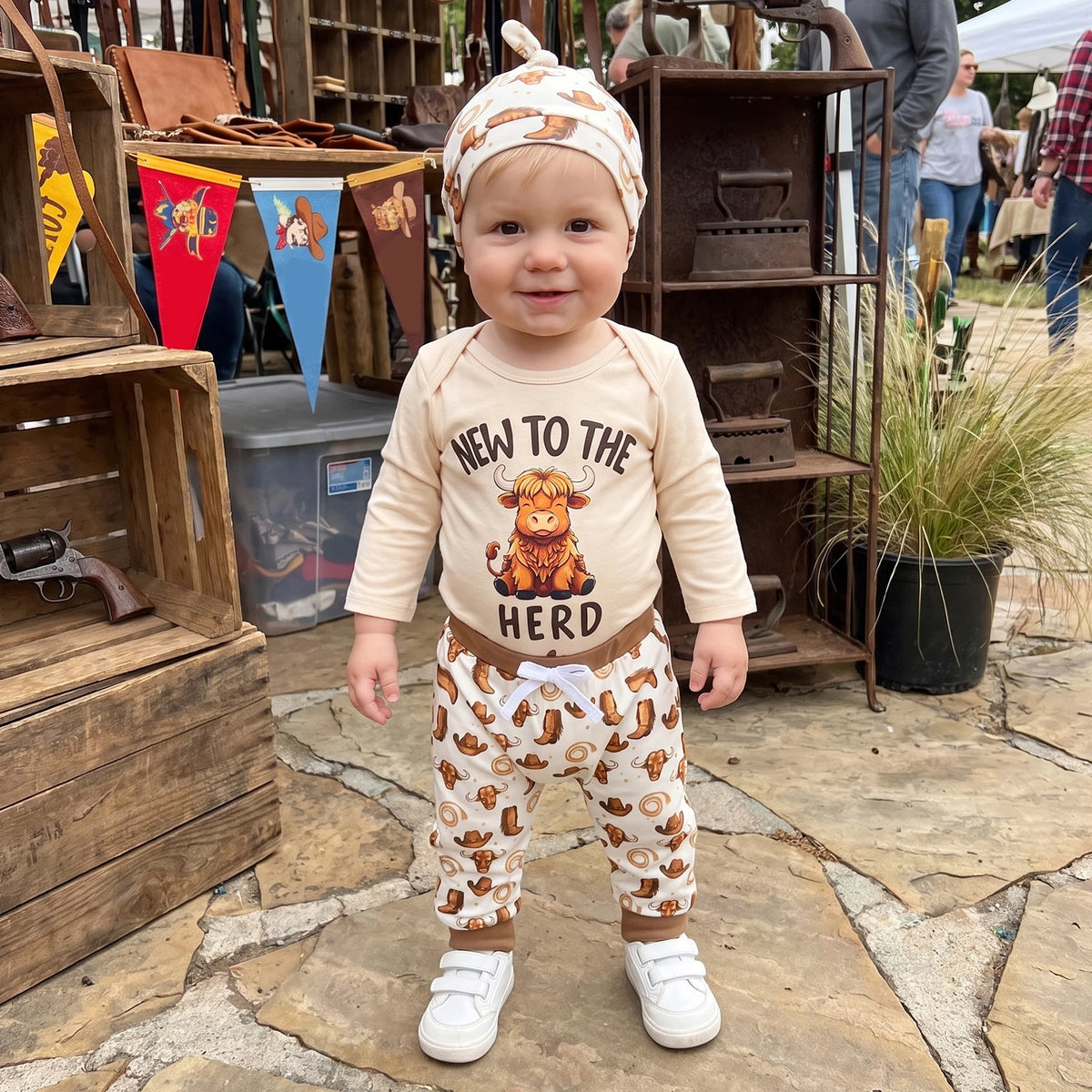 Baby Boy Letter Romper & Cow Print Pants Set with Matching Hat