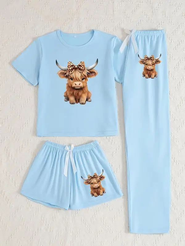Cute Cartoon Highland Cow Pajama Set - Fitted Knit Sleepwear