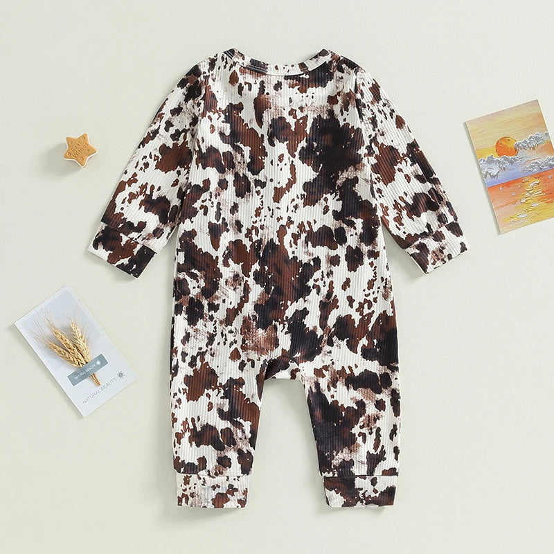 FOCUSNORM Unisex Baby Western Cow Print Long-Sleeve Zipper Jumpsuit (0-18M)