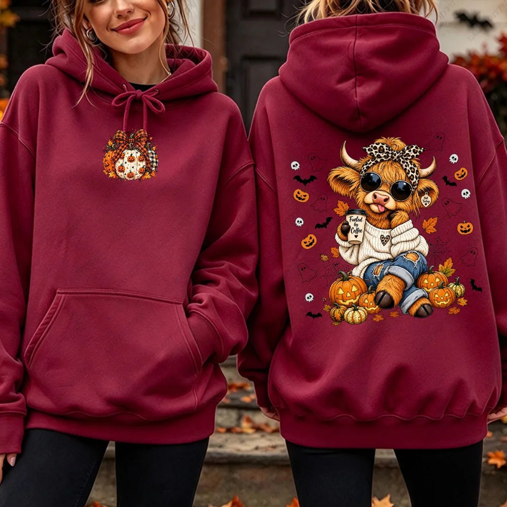 Highland Cow Pumpkin Coffee Hoodie - Cute Fall Pullover