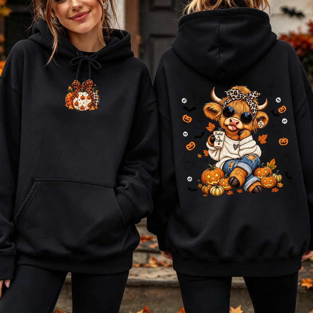 Highland Cow Pumpkin Coffee Hoodie - Cute Fall Pullover
