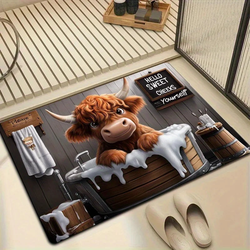 Highland Cow in Bath Tub Rug | Washable Soft Bathroom Mat