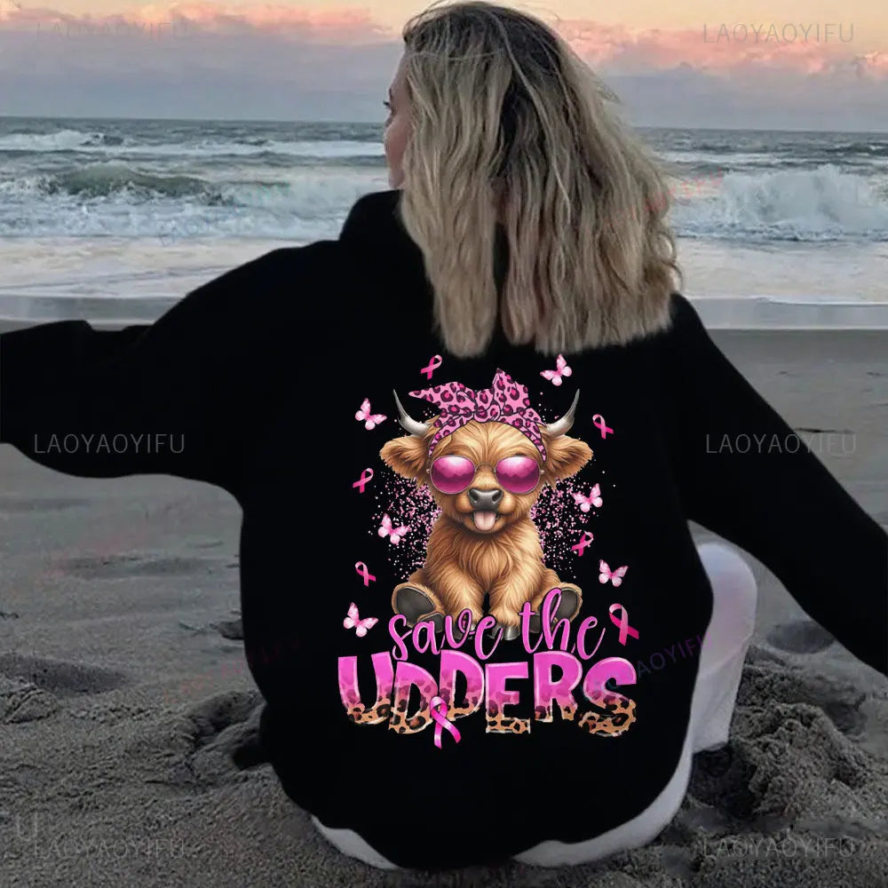 • : Highland Cow Print Hoodie for Women – Alphabet & Animal Pattern Sweatshirt with Pocket
