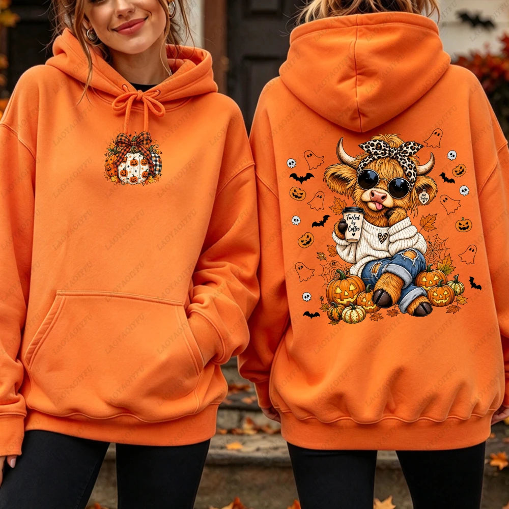 Highland Cow Pumpkin Coffee Hoodie - Cute Fall Pullover