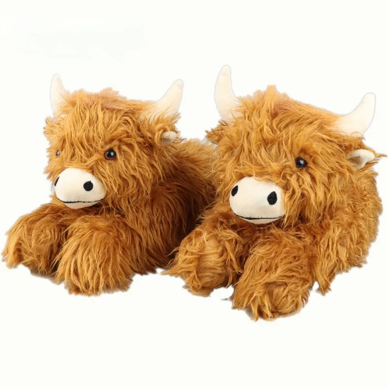 Fluffy Highland Cow Slippers - Warm Indoor Plush Slides