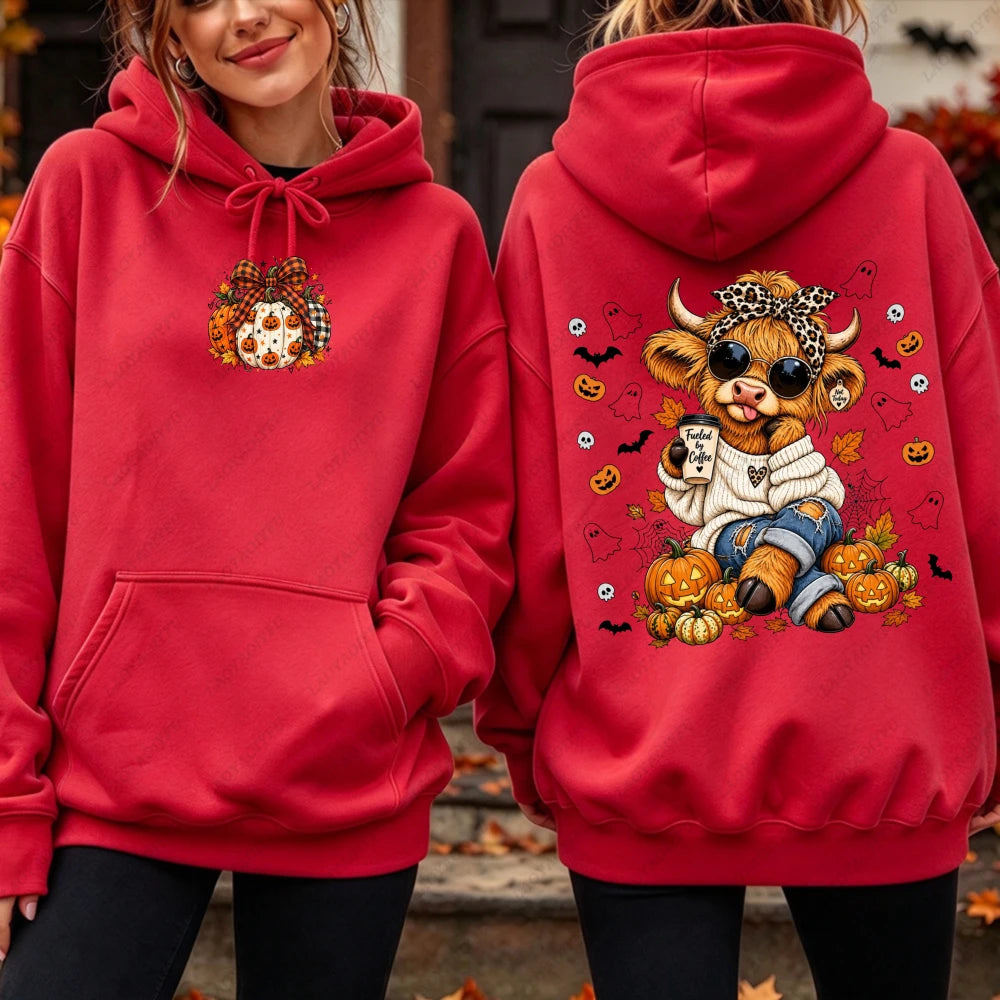 Highland Cow Pumpkin Coffee Hoodie - Cute Fall Pullover