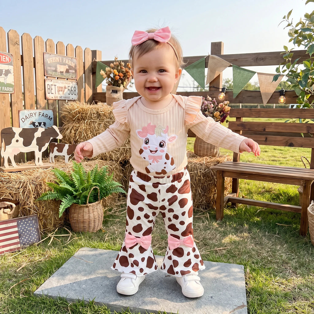 Baby Girls Western 3-Piece Outfit | Cow Embroidered Romper, Flare Pants & Headband Set