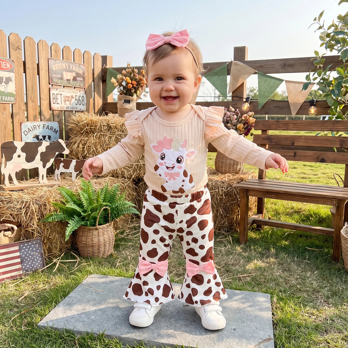 Baby Girls Western 3-Piece Outfit | Cow Embroidered Romper, Flare Pants & Headband Set