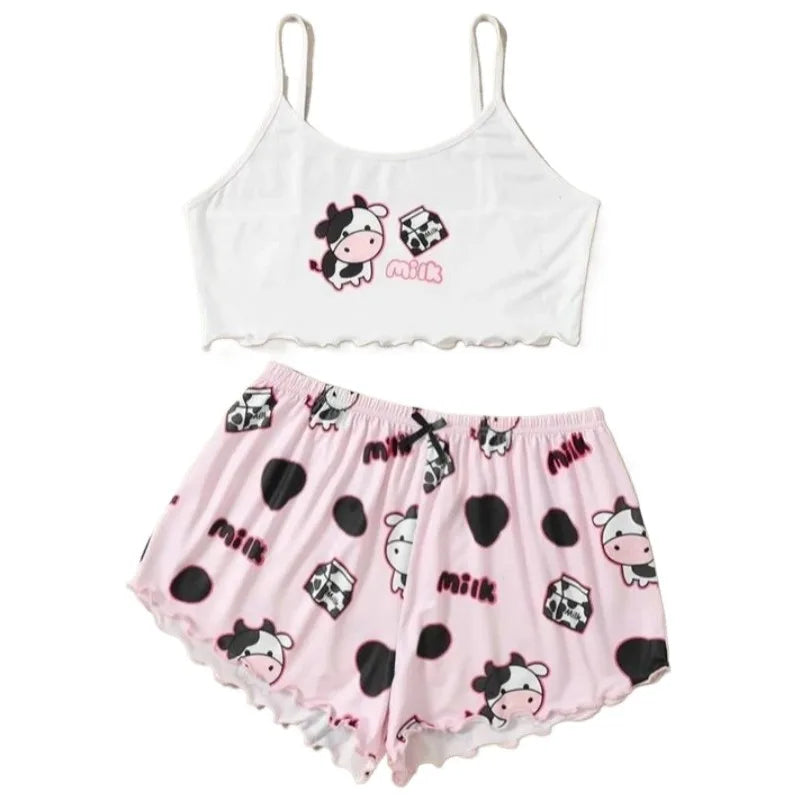 Cute Cow Print Pajama Set - Sleeveless Top & Shorts Loungewear
