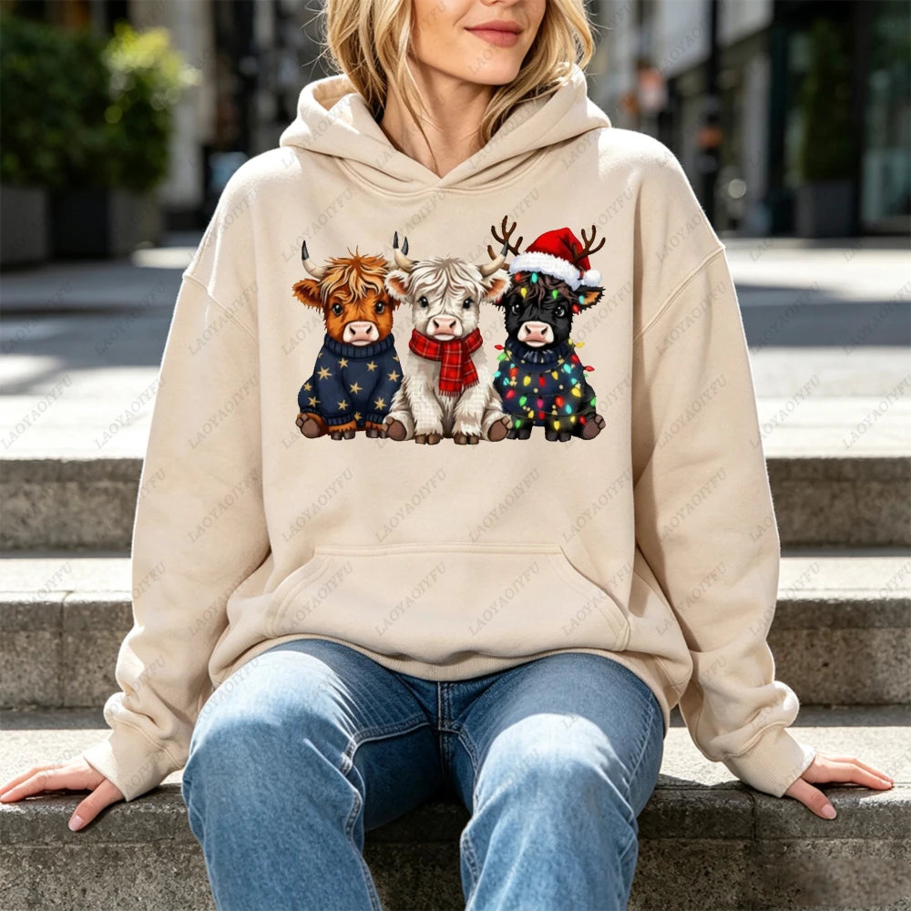 Cute Highland Cow Christmas Hoodie - Winter Holiday Pullover