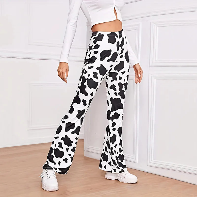 Cow Print Bell Bottom Pants - High-Waist Elastic Flare Leggings