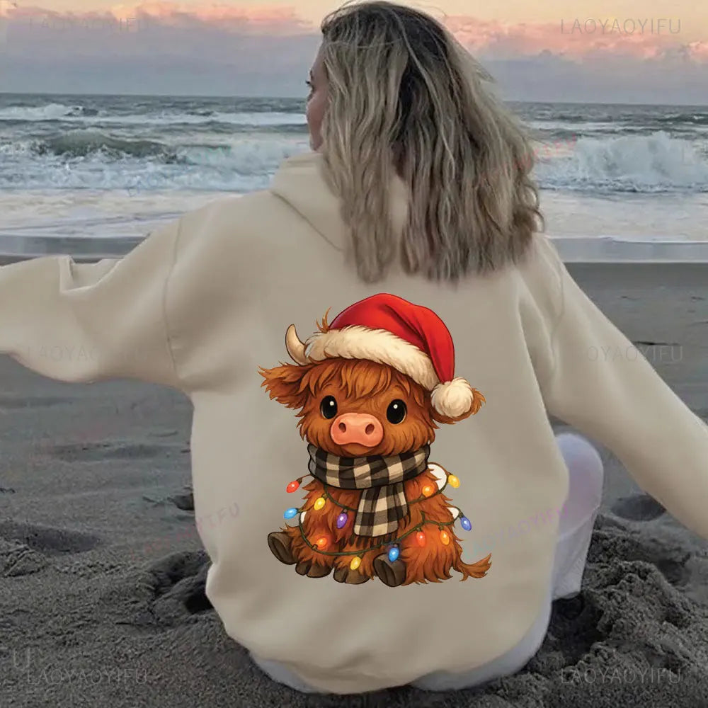 • : Highland Cow Print Hoodie for Women – Alphabet & Animal Pattern Sweatshirt with Pocket