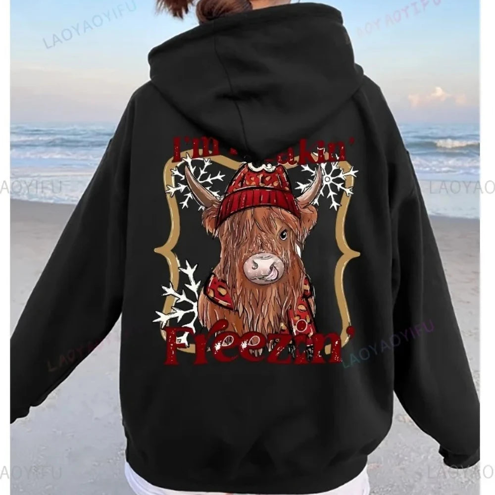 • : Highland Cow Print Hoodie for Women – Alphabet & Animal Pattern Sweatshirt with Pocket
