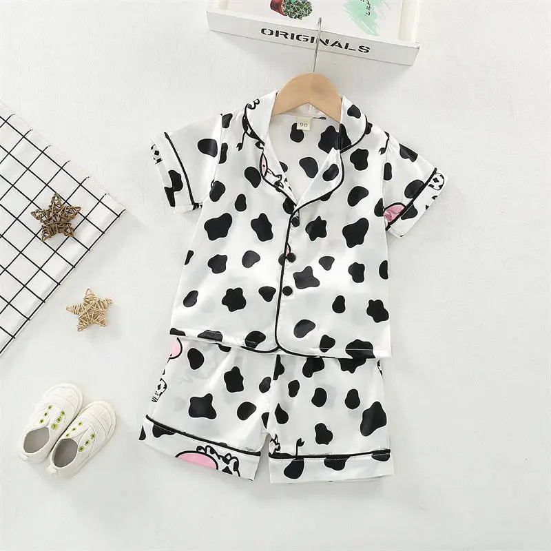 Kids Cartoon Cow Pajama Set – Short Sleeve Top & Pants Sleepwear