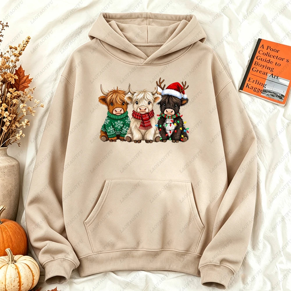 Cute Highland Cow Christmas Hoodie - Winter Holiday Pullover